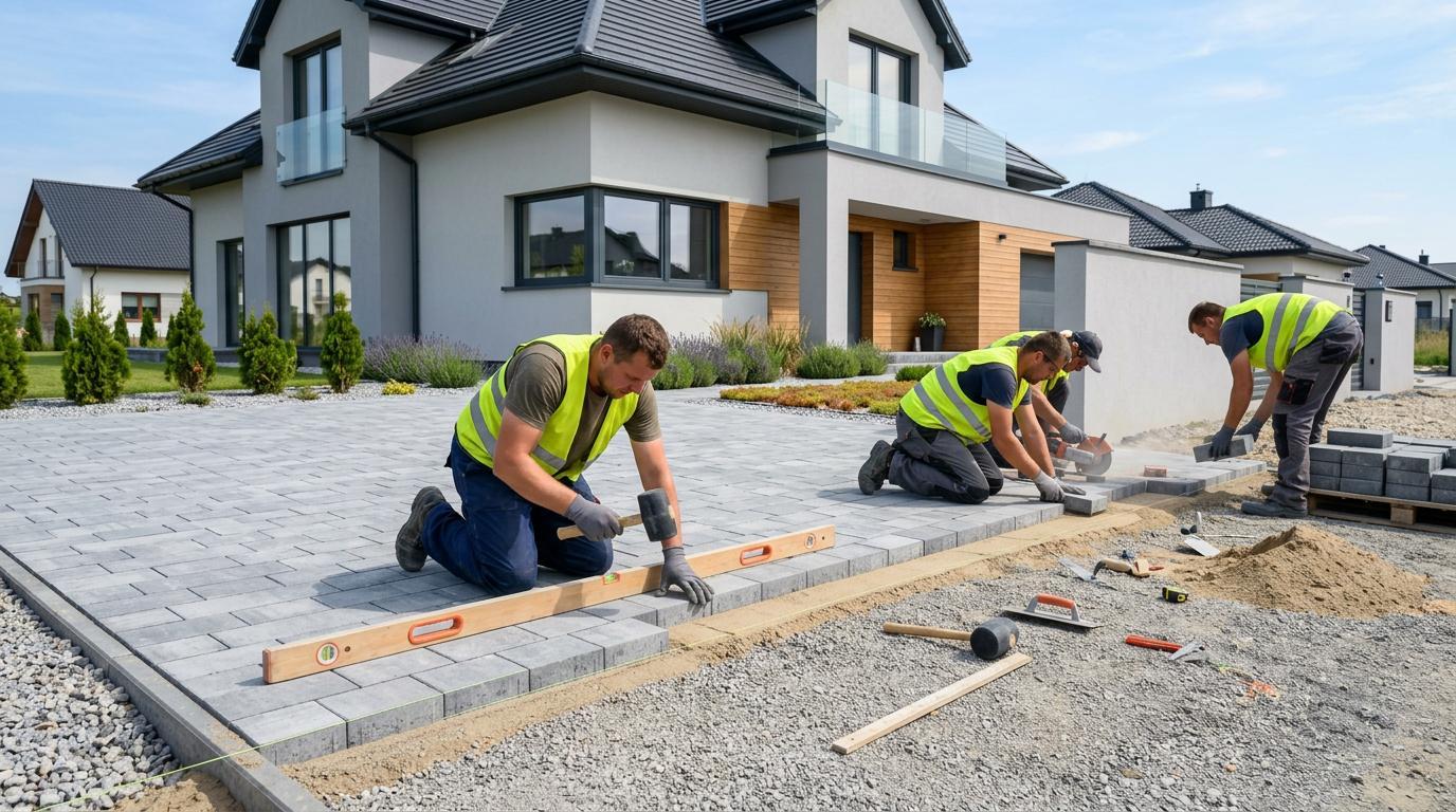 Układanie kostki brukowej — cena 2027 za m²: robocizna, z materiałem, podjazd i granit