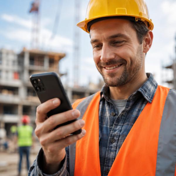 Fachowiec sprawdza na telefonie nowe zlecenia z okolicy