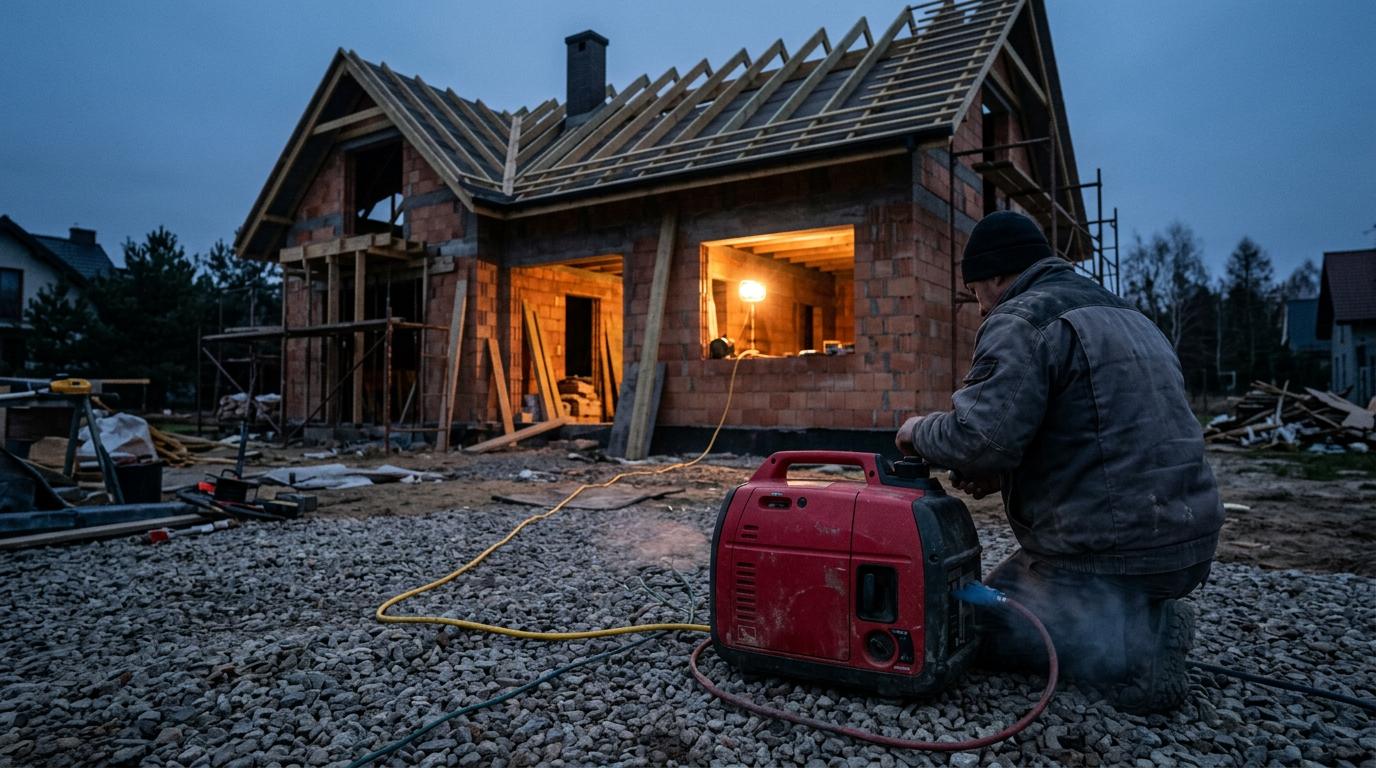 Wynajęty agregat prądotwórczy zasila oświetlenie na budowie o zmierzchu