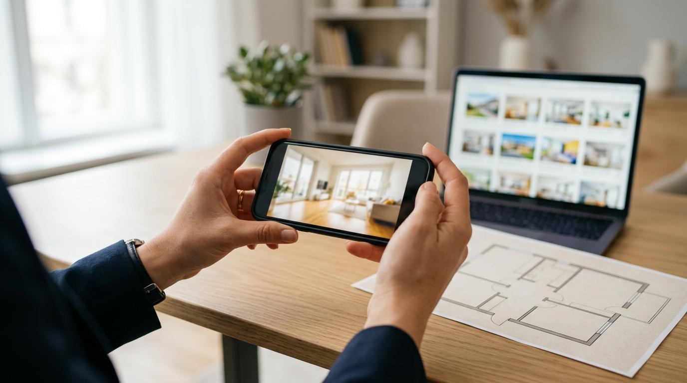Agent nieruchomości z telefonem przy biurku, w tle laptop z ofertami i rzut mieszkania