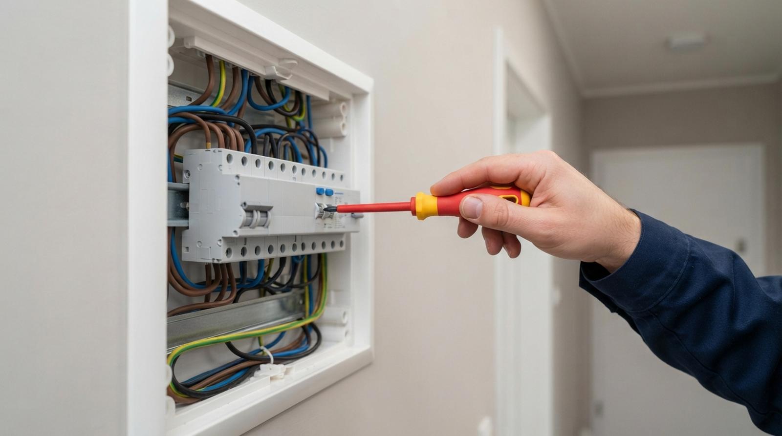 Elektryk dokręca zacisk w nowej rozdzielnicy z wyłącznikami w mieszkaniu