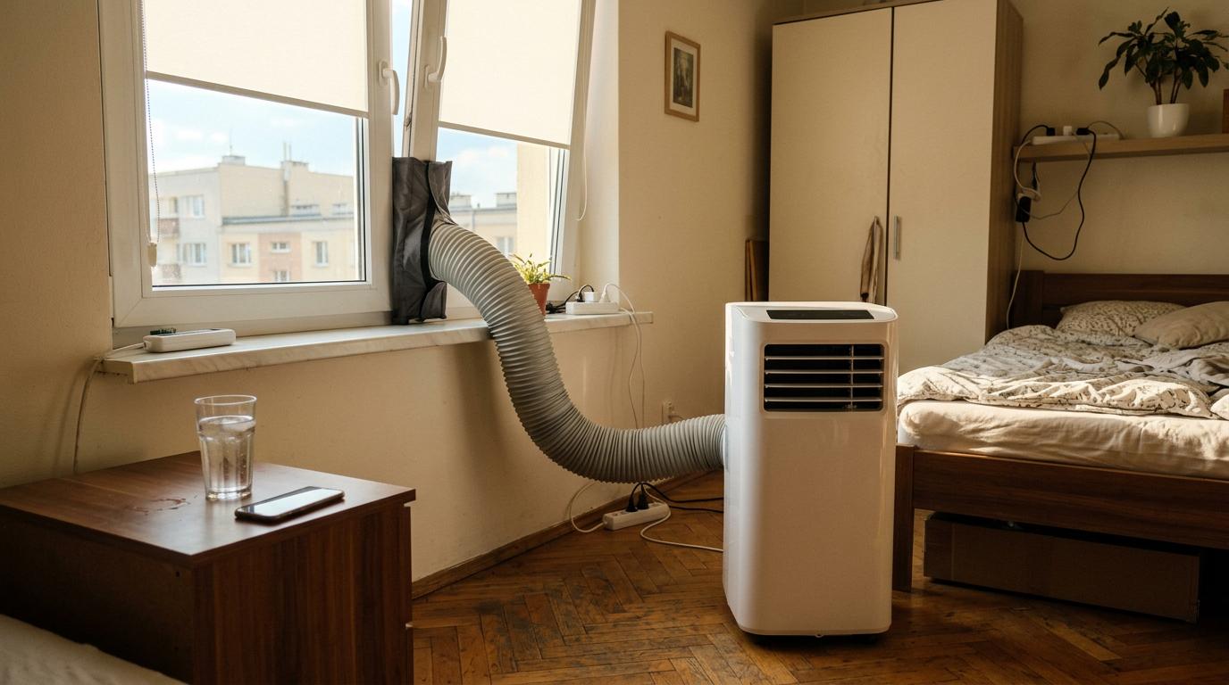 Wynajęty klimatyzator przenośny w sypialni z rurą wyprowadzoną uchylonym oknem