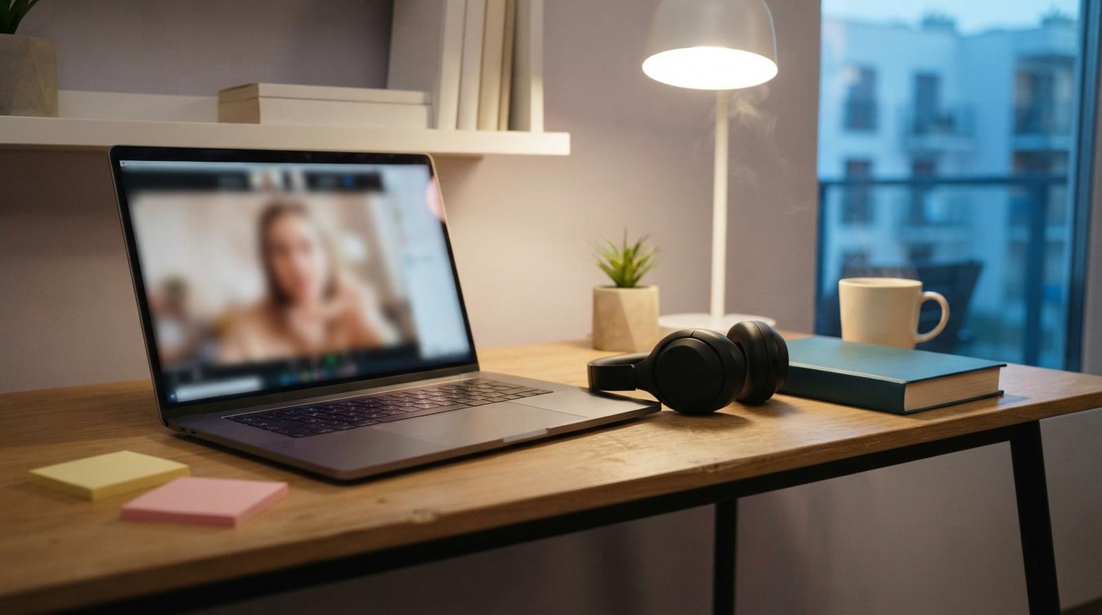 Laptop z włączoną lekcją online, słuchawki i podręcznik na biurku