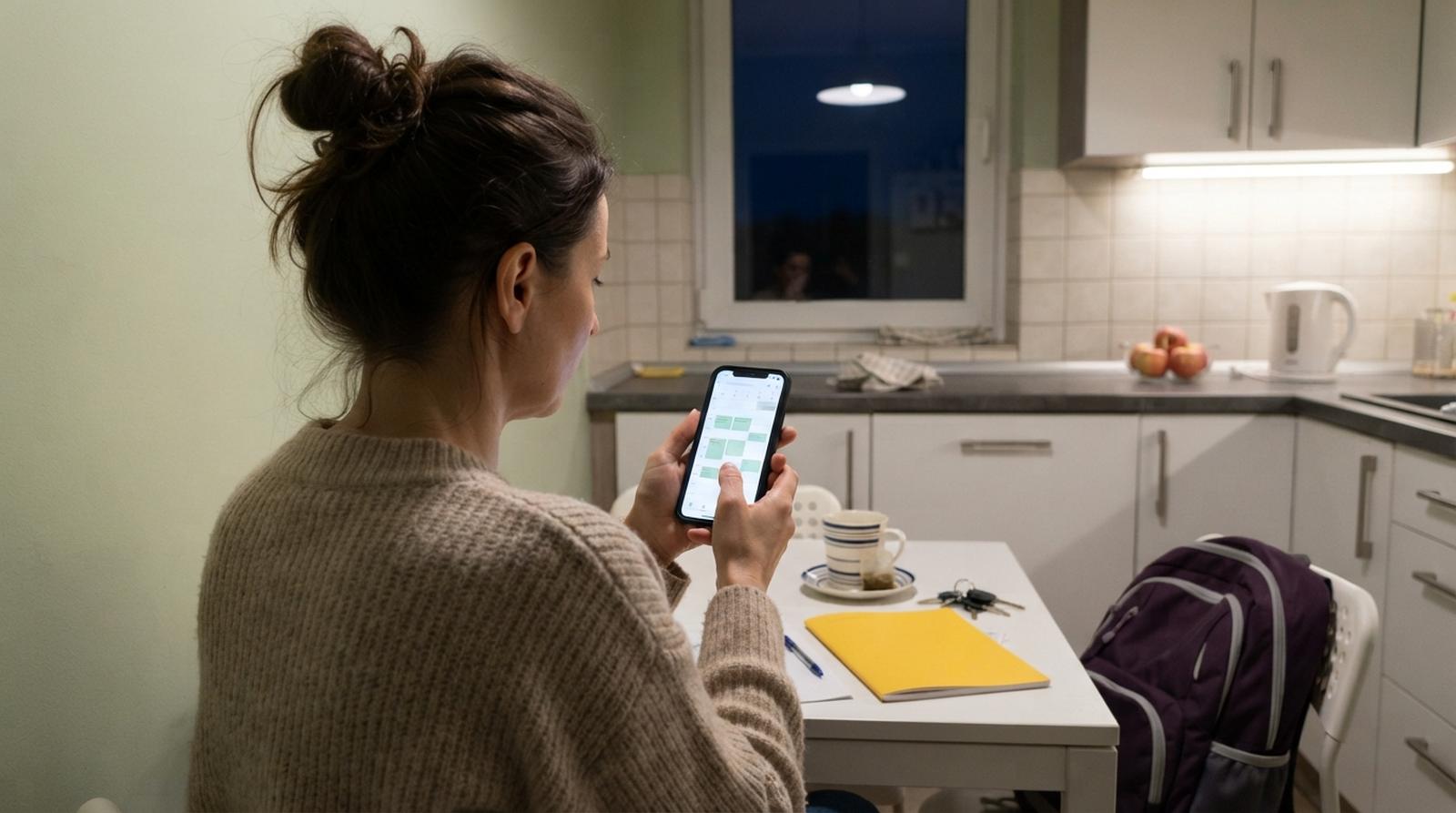 Rodzic wieczorem w kuchni wybiera w telefonie wolny termin korepetycji w kalendarzu ogłoszenia
