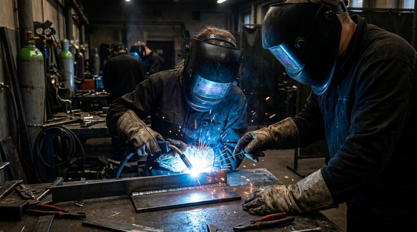 Kurs spawania MAG/MIG — kursant ćwiczy spoinę pod okiem instruktora