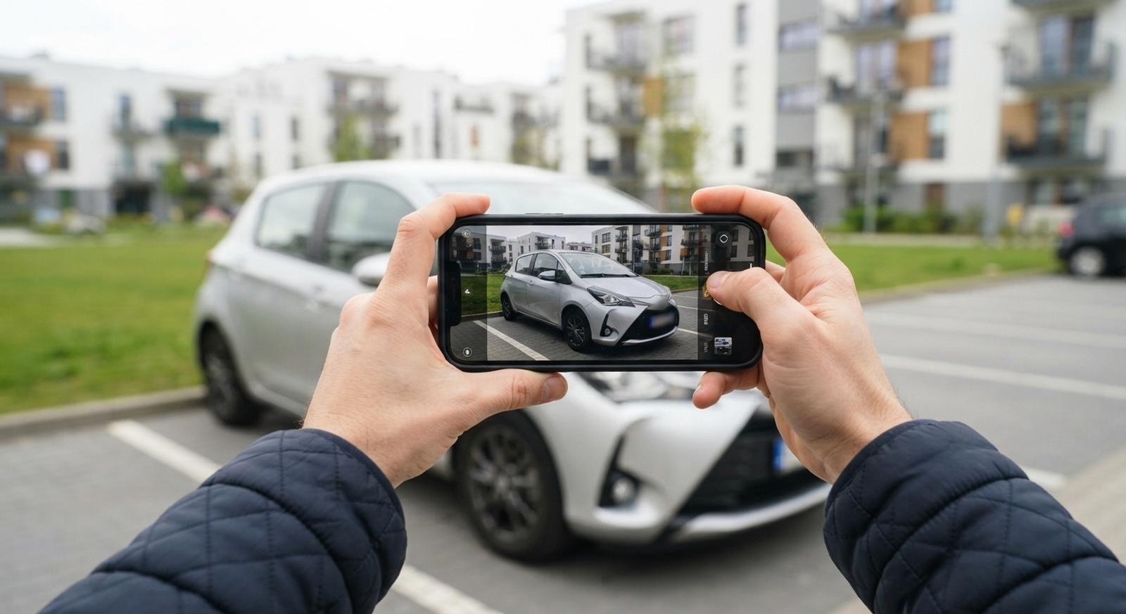 Mężczyzna fotografuje telefonem używany samochód na osiedlowym parkingu przed wystawieniem ogłoszenia sprzedaży