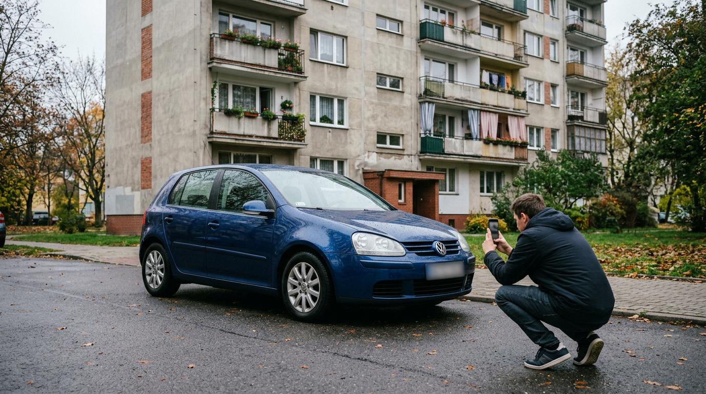 Mężczyzna fotografuje telefonem używany samochód przed blokiem, zanim wystawi ogłoszenie sprzedaży