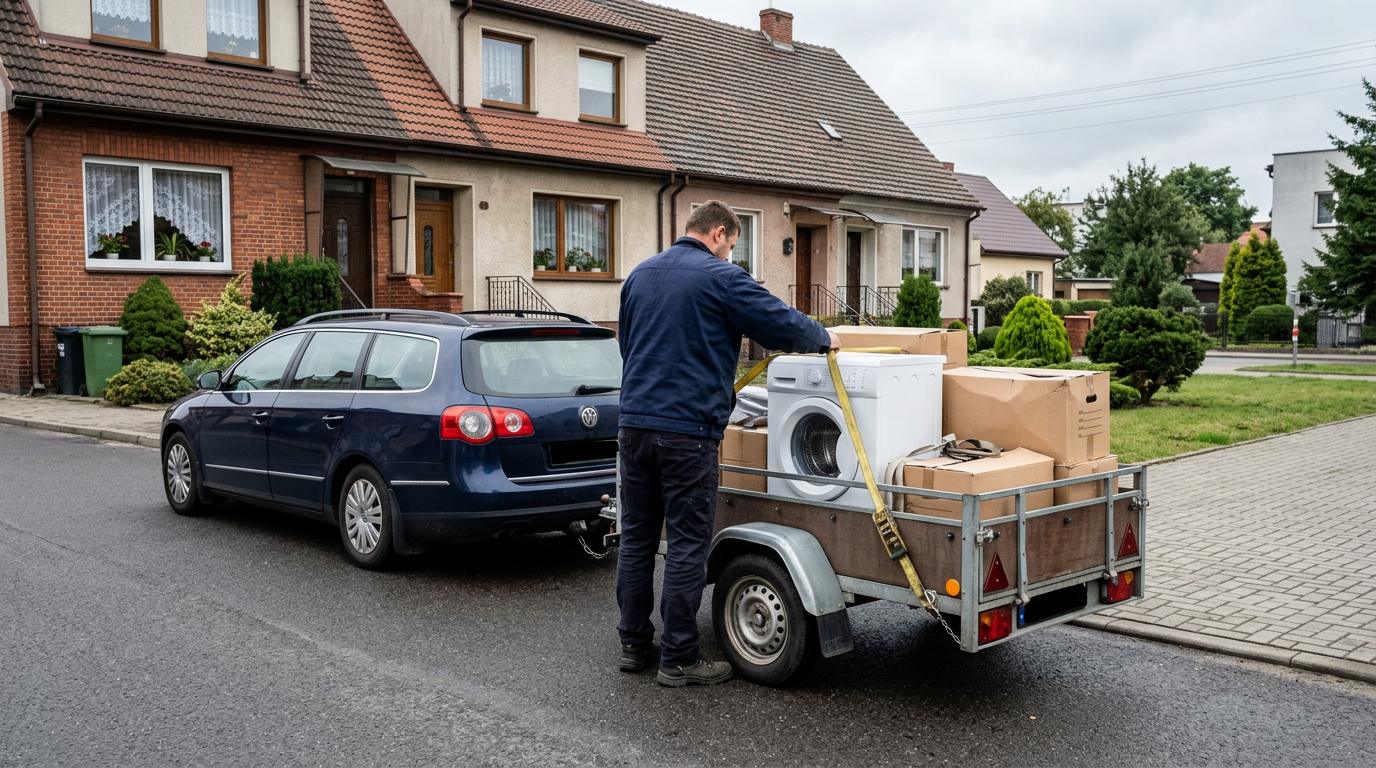 Wynajęta przyczepka samochodowa z pralką zabezpieczoną pasem transportowym