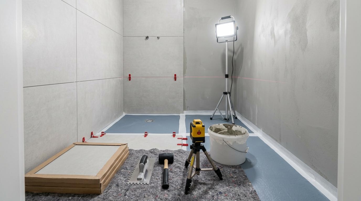 Łazienka w trakcie remontu: hydroizolacja na podłodze, płytki na ścianach i laser krzyżowy