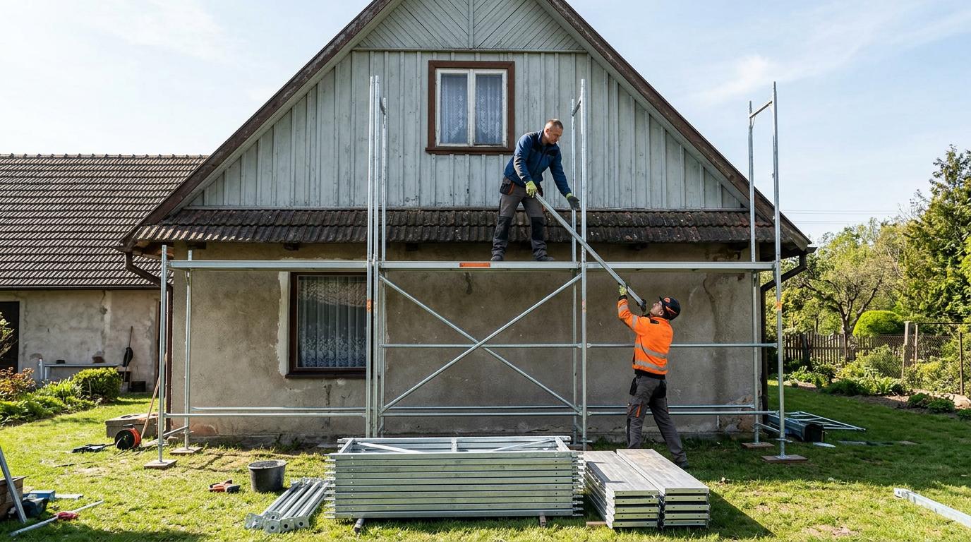 Montaż wynajętego rusztowania ramowego przy ścianie domu