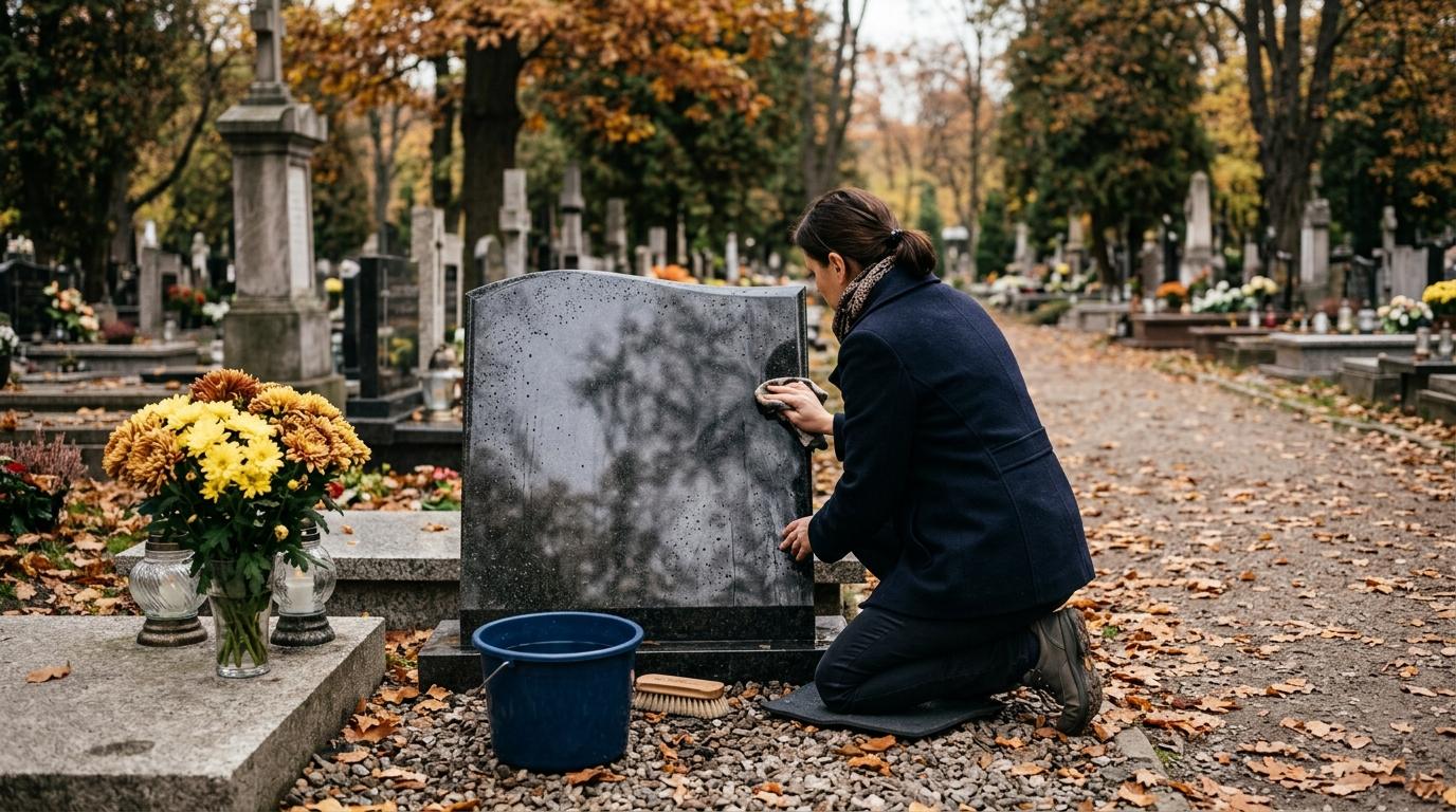 Sprzątanie grobu przed Wszystkimi Świętymi — mycie granitowego nagrobka