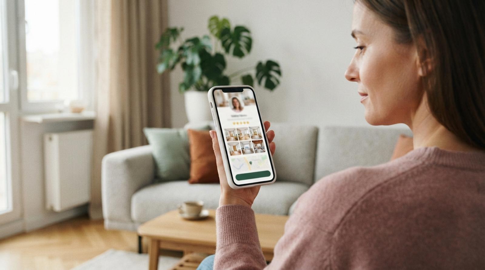 Klientka ogląda na telefonie wizytówkę firmy ze zdjęciem właścicielki, gwiazdkami opinii, galerią realizacji, mapką i przyciskiem kontaktu