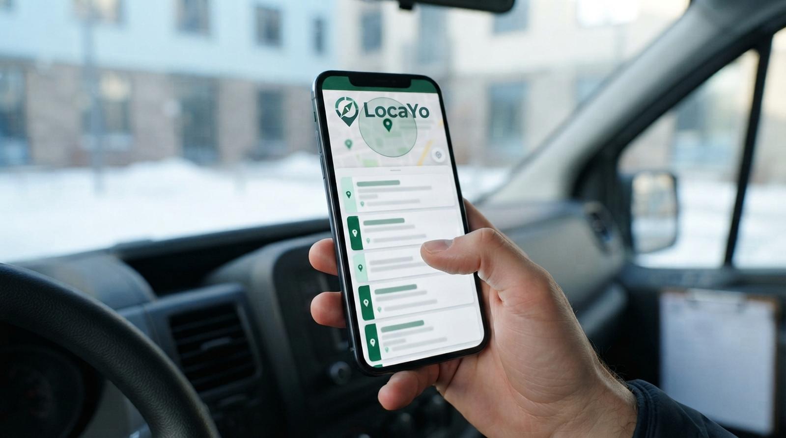 Telefon z listą zgłoszeń od ludzi z okolicy i mapa z promieniem dojazdu, w którym fachowiec bierze zlecenia